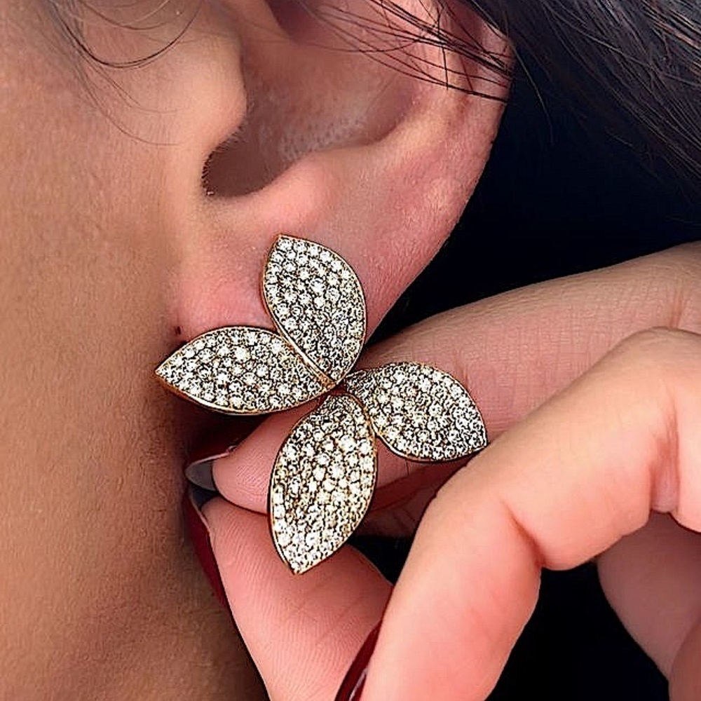 Gold Zircon Flower Pave Earrings Floral Luxury
